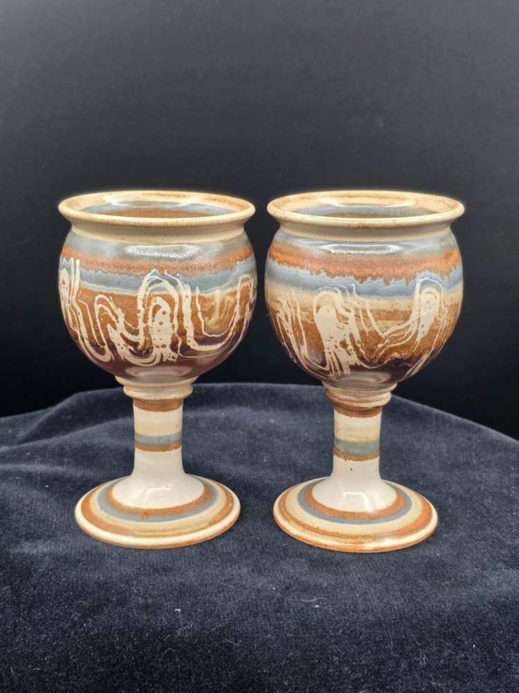 Pair Studio Art Pottery Goblets Hand Thrown Brown Blue Sgraffito Wine Chalices