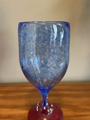 Hand Blown Water Goblet Glass Blue Swirl Red Base 7 1/4” Tall