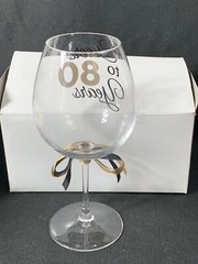 Elegant Cheers to 80 Years Wine Glass Goblet Clear w/ Black and Gold Lettering