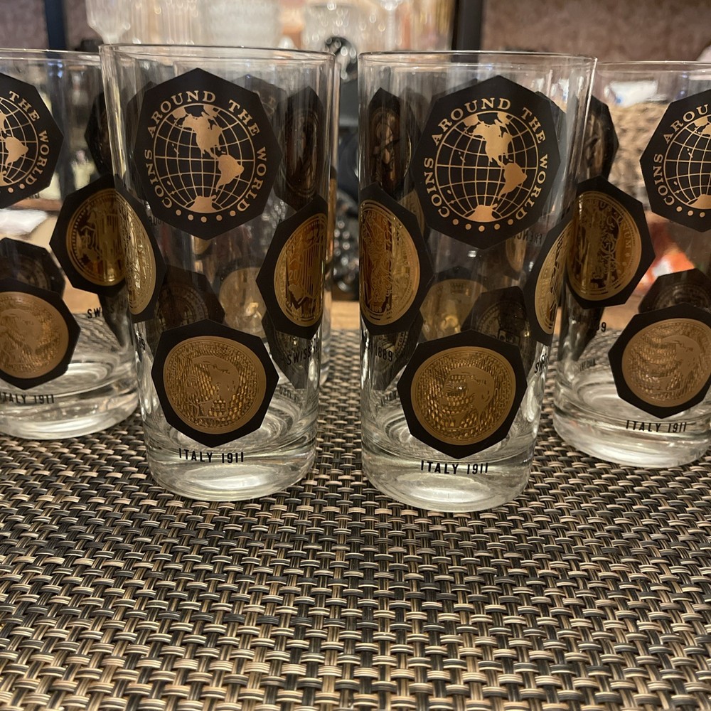6 Libby Coins Around The World 22k Gold & Black MCM 12 Oz Highball Glasses , EUC