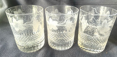 3 Antique FRENCH Crystal WHISKEY TUMBLERS Rocks Glass, GRAPES Leaves DIAMOND CUT