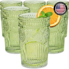 Glassware Set 6 Vintage Ribbed Green Drinking Glasses 13 oz Hand Wash Only