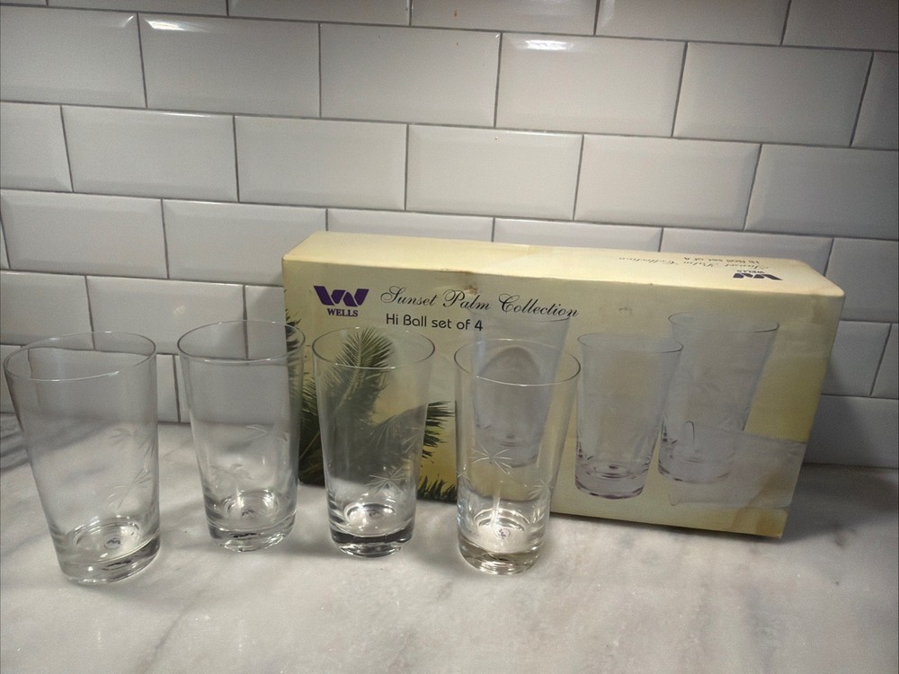 Vintage Set Of 4 Wells Hand Blown Etched Sunset Palm Collection HiBall Glasses
