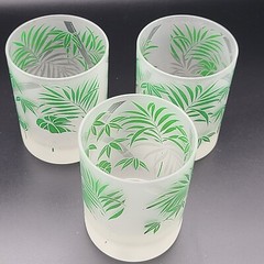 Tastesetter set (3) Bamboo Green Leaves Frosted Lowball Tumbler glasses vintage