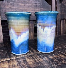 Stoneware Pottery Studio Art Tumbler Mug Set Or Bud Vase X2 Blue Drip Glaze
