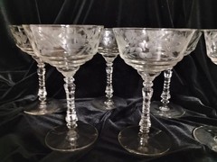 Victorian Champagne Glasses, Etched With Ribbed Stems,Set Of Six,6″Tall & 4″Diam