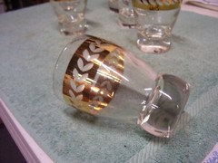 Set 6 Mid Century Heavy Knob Bottom Gold Etched Leaf Tumblers Mad Men Roly Poly