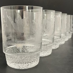 Wildlife Geese & Deer Etched Crystal Lowball Tumblers 6pc Set c1980s Germany 4″t