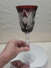 1 Wine goblet Glass, Dark Ruby Red Cut to clear Crystal brilliant HobStar foot