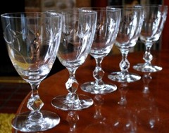 Vintage Set 5 TIFFIN FRANCISCAN PETITE Cut Leaf Crystal Water Goblets FANCY STEM