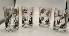 Set Of 4 Juice Glasses Nautical Theme in Gold Black 3-3/4″ T 2-3/8”