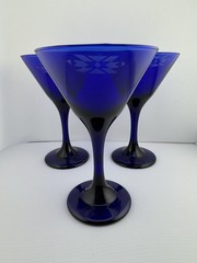 Libbey Cobalt Blue Southwest Design Stamped 6.5” Martini Glasses SET OF 3 UNIQUE