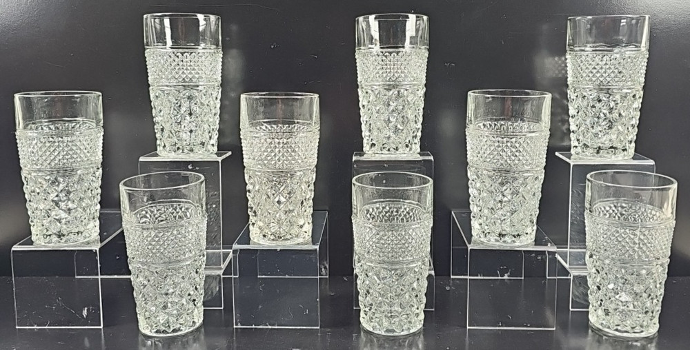 9 Anchor Hocking Wexford 10 Oz Tumblers Vintage Clear Diamond Cut Etch Retro Lot