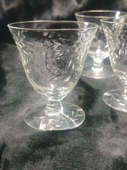 Vintage 6 Etched Crystal Coupe Desert Glasses Clear Fruit Cocktail Leaf Stemmed