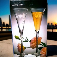 2 Wedding Toasting Fluted Champagne Colony 11″H LOVEBIRD & HEARTS Glasses Etched