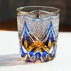 Whisky Glass Tumbler Japanese Style Edo Kiriko Glass Hand Cut To Clear 9oz Blue
