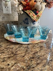 Vintage Hazel Atlas Aquamarine Blue Whiskey Glasses Set of 6