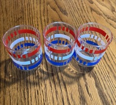 Set of 3 Vintage Libbey Patriot Red, White & Blue 3″ Rocks or Juice Glasses 4th
