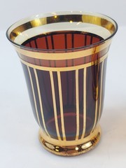 VTG MCM Art Deco Czech 3 Cocktail Glasses Gold Stripes Modernist Dark Amber Red