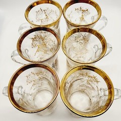 Six 1980’s Italian Lavorato a Mano Barware Tea Handled Glasses 24K Gold Trim