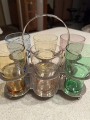 FABERWARE Brooklyn NY Chrome Beverage Caddy Holder w/6 Rainbow Etched Glasses