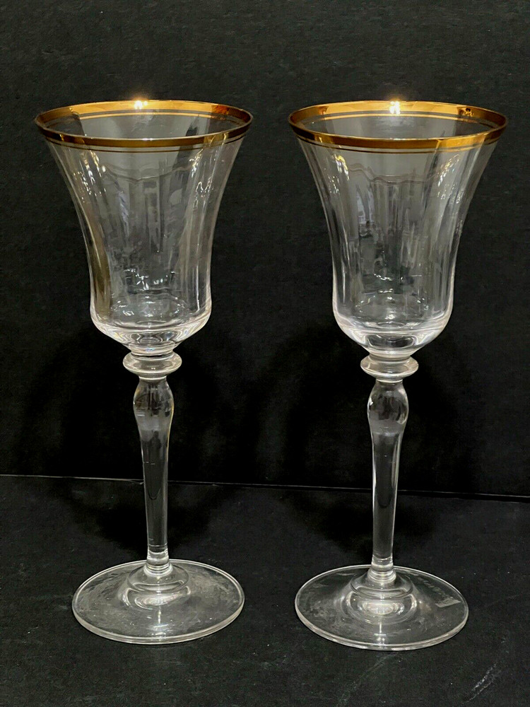 Mikasa Jamestown Wine Glass Gold Rim 9 1/8″ Tall Set of 2 Austria Bell Shape