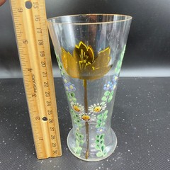 Antique Enamel Painted Floral Glass Tumblers Cups Tulip Daisy Gold Rim Set 3 VTG