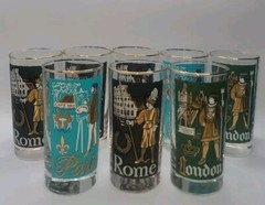 Vtg Libbey International Cities of The World S/8 Highball Glasses w/ Carrier