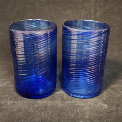 Set Of 2 Hand Blown Optic Swirl Cobalt Blue Glass Tumblers With Pontil Mark 5″
