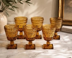 MCM Indiana Colony Glass PARK LANE Amber Square Foot 4.5″ Wine Glasses Set of 6
