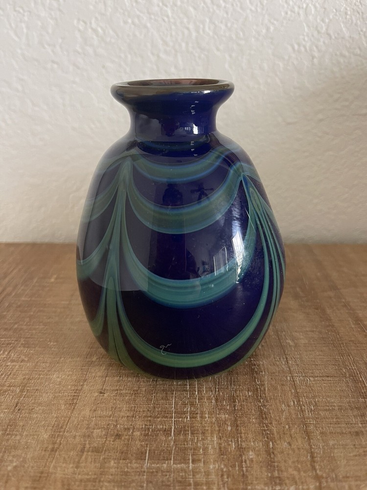 Vintage Glass By Will Carlton Art Glasses made on 9-76 Beautiful Blue Green Vase