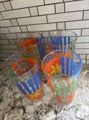 Vintage KIG Set of 4 Multicolor Glasses Yellow Green Orange & Blue Indonesia
