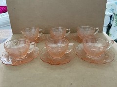 Vintage CHERRY BLOSSOM Jeannette Pink Depression Glass Cup & Saucer (6 SETS)