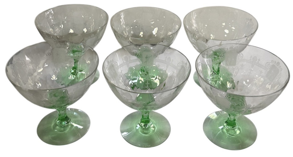 HEISEY ETCHED GREEK ROMAN SOLDIERS DIAMOND OPTIC COUPE SET OF 6 – RARE