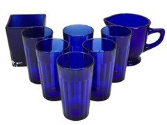 French Blue Cobalt Water Tumblers 10oz 6 Pcs W/ 1 Small Vase and 1 Small Pitcher