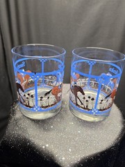 vintage Libbey Glass lowball whiskey glasses featuring a horse racing design…
