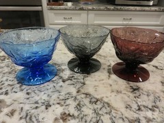 3 Morgantown Seneca Driftwood Blue Amethyst Gray Crinkle Glass Footed Sherbets