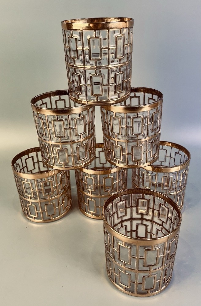 Imperial Glass Shoji Trellis 22K Gold 12oz. Double Old Fashion Glasses Set of 7