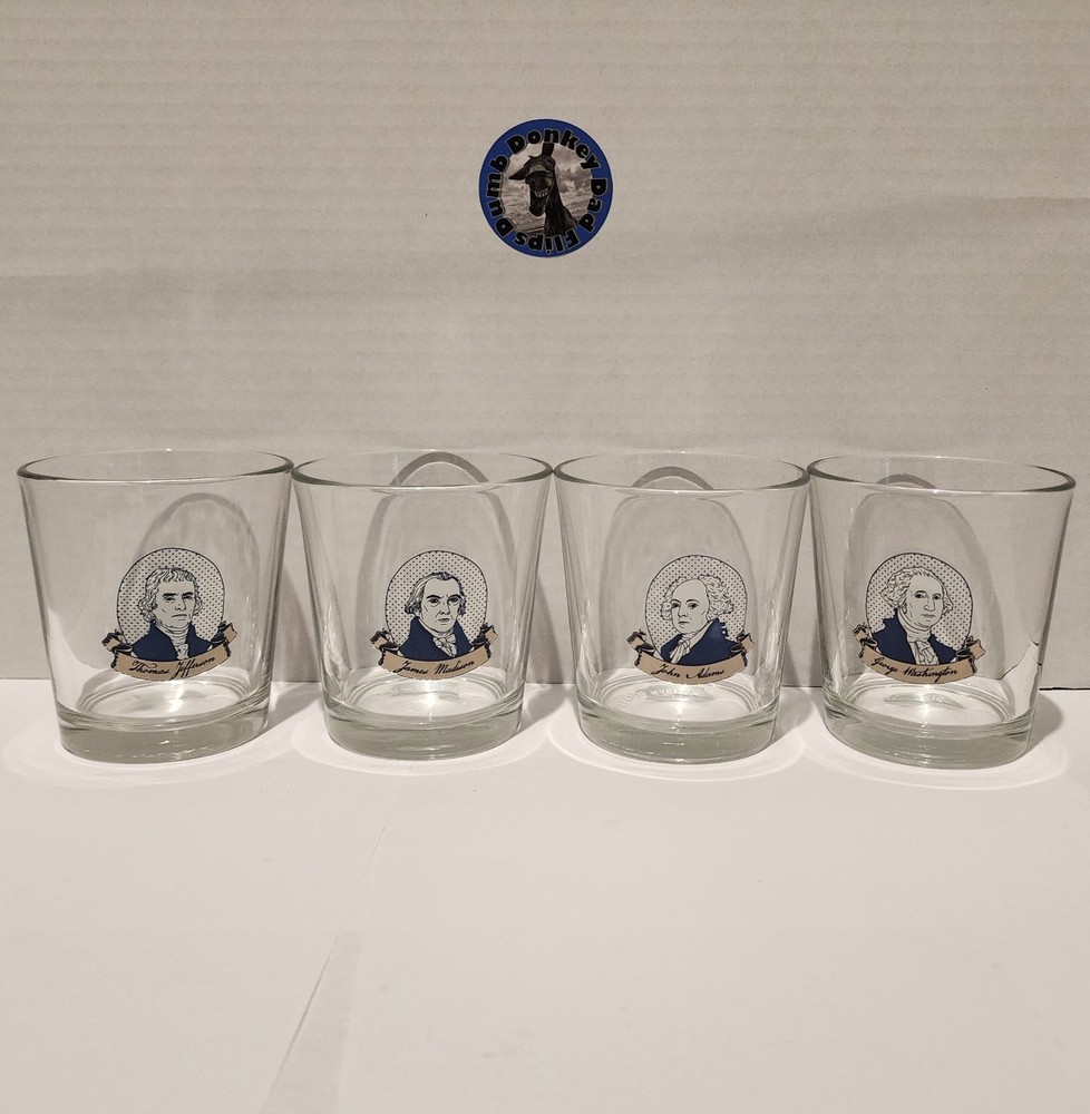 4 Fishs Eddy Founding Fathers Whiskey Glasses Jefferson Adams Madison Washington
