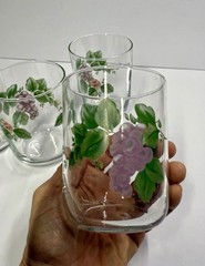 Set Of 4 Vintage Libbey Floral & Grapes 12 oz Clear 4.25” Drinking Glasses