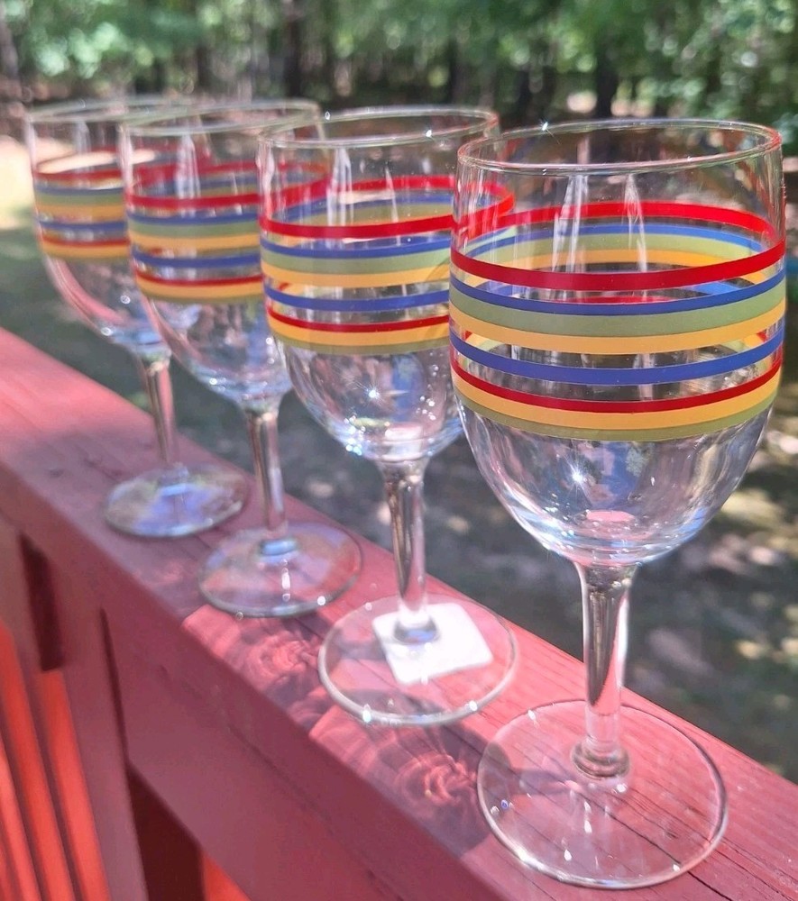 Vtg Libbey Four Mambo Fiesta Red, Yellow, Blue, Green Striped WaterWine Goblets