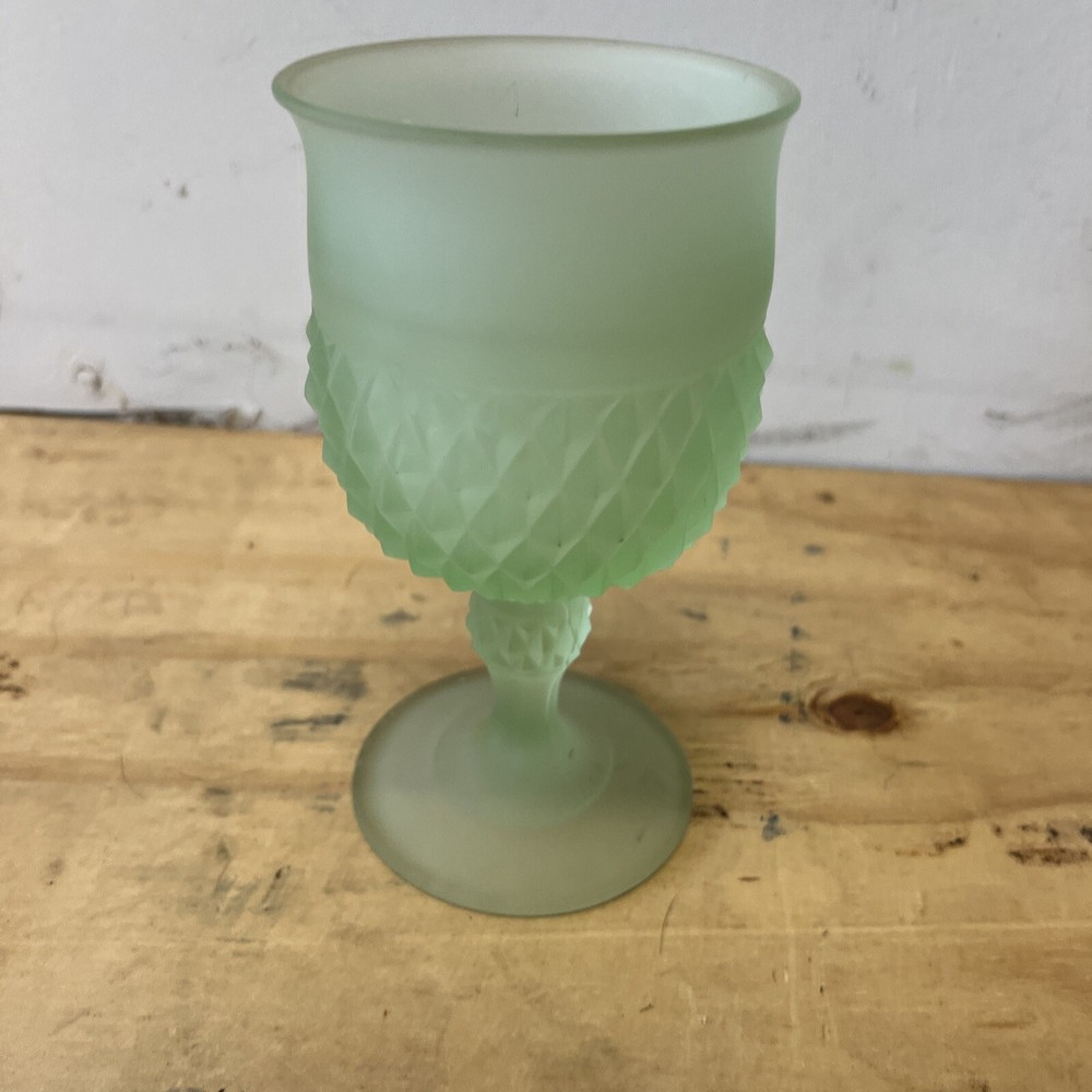 Vintage Green Satin Frosted Diamond Point Goblet by Indiana Glass Co.