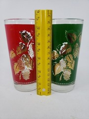 Vintage Libbey Grape Leaf Design Glasses Red Green Gold Christmas 12 oz MCM USA
