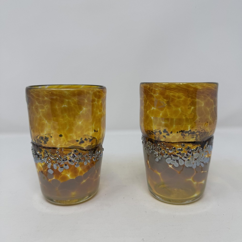 John Barber Art Glass Hand Blown Tumblers Signed Set of 2 Gold Iridescent Beaded