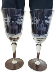 Vintage Etched Victorian Water Goblet Wine Glass Pair Romantic Couple Fountain