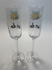 Rae Dunn Magenta WE DO Champagne Flute Toasting Glasses Wedding Bride Groom EUC