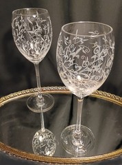 2 Tall Lacy White Scroll Etched Wine Glasses Goblets Pair Set