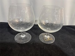 2 Interglass Cognac or Brandy Stems Glasses w/ Grape & Leaves Etching Italy