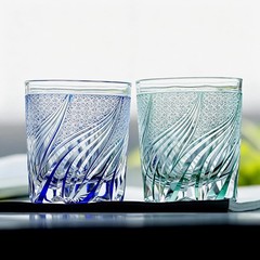 Set Of 2 Hand Cut Blue & Green Whiskey Glasses Kiriko Crystal Glass Tumbler 9oz