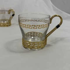 Set Of 6 Vtg Libbey Greek Key Continental Glass Cups w/Metal Band Handle